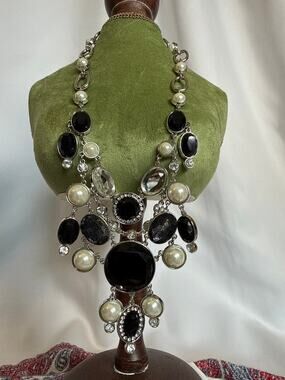 WHBM Black Pearl Statement Bib Necklace NWT Corporate Goth Vintage Glam